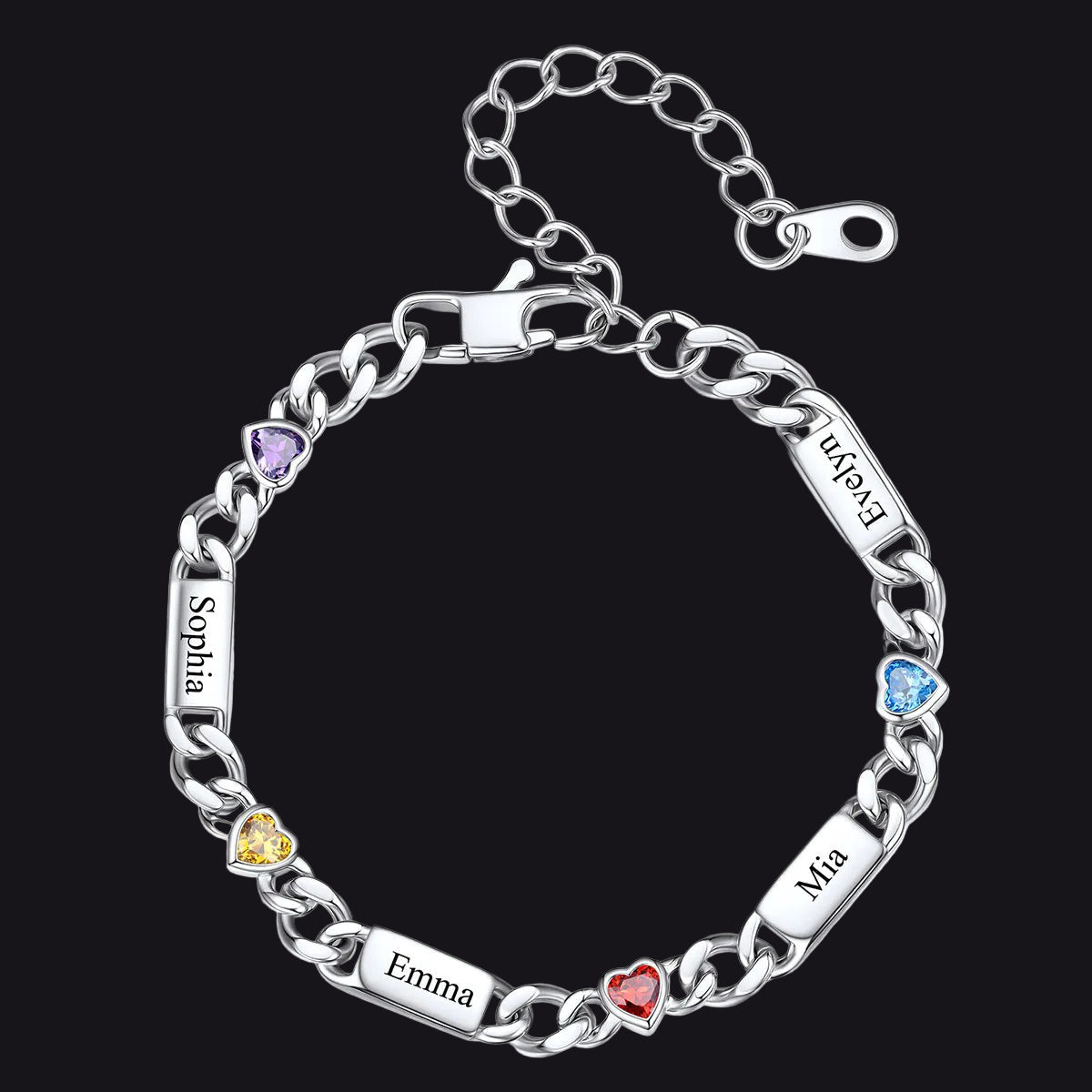 Steel Custom 4 Name Cuban Chain Bracelet with Haert Birthstone
