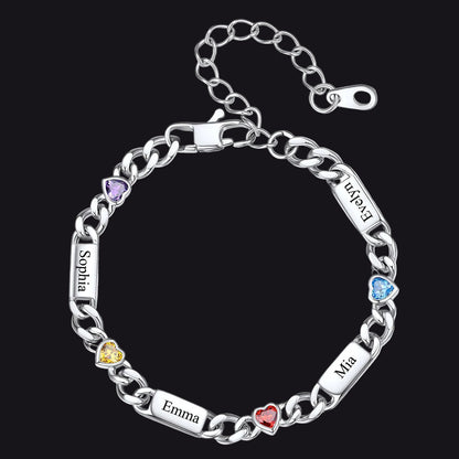 Steel Custom 4 Name Cuban Chain Bracelet with Haert Birthstone