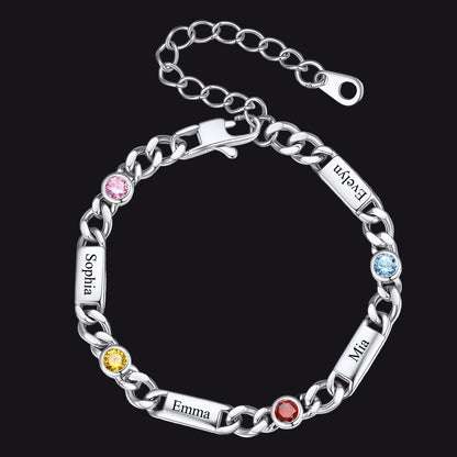 Steel Custom 4 Name Cuban Chain Bracelet with Round Birthstone on a white background