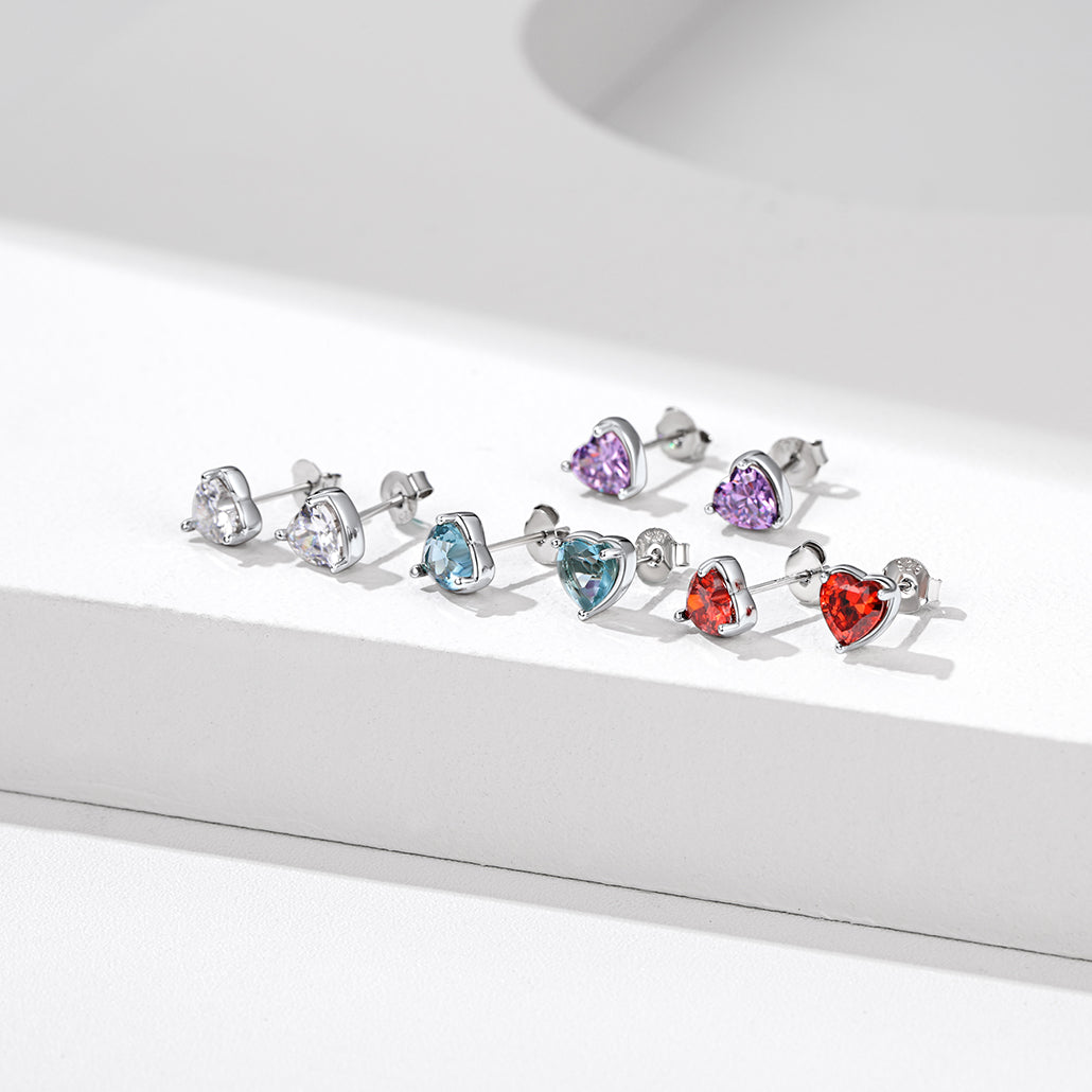 S925 Silver Birthstone Heart Shape Stud Earrings Gift for Women Men