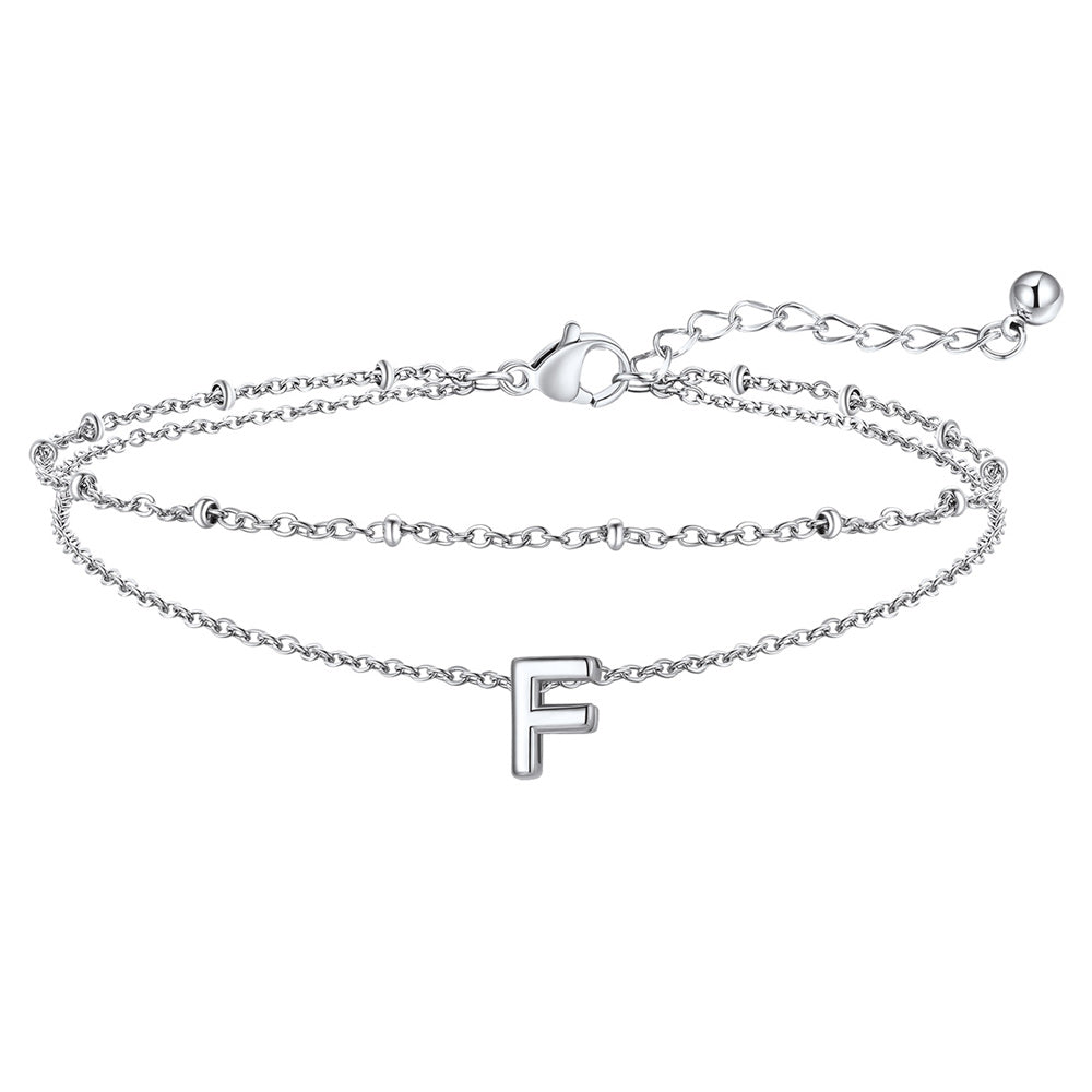 Silver Letter F Initial Anklet - Layered Summer Beach Jewelry