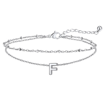 Silver Letter F Initial Anklet - Layered Summer Beach Jewelry