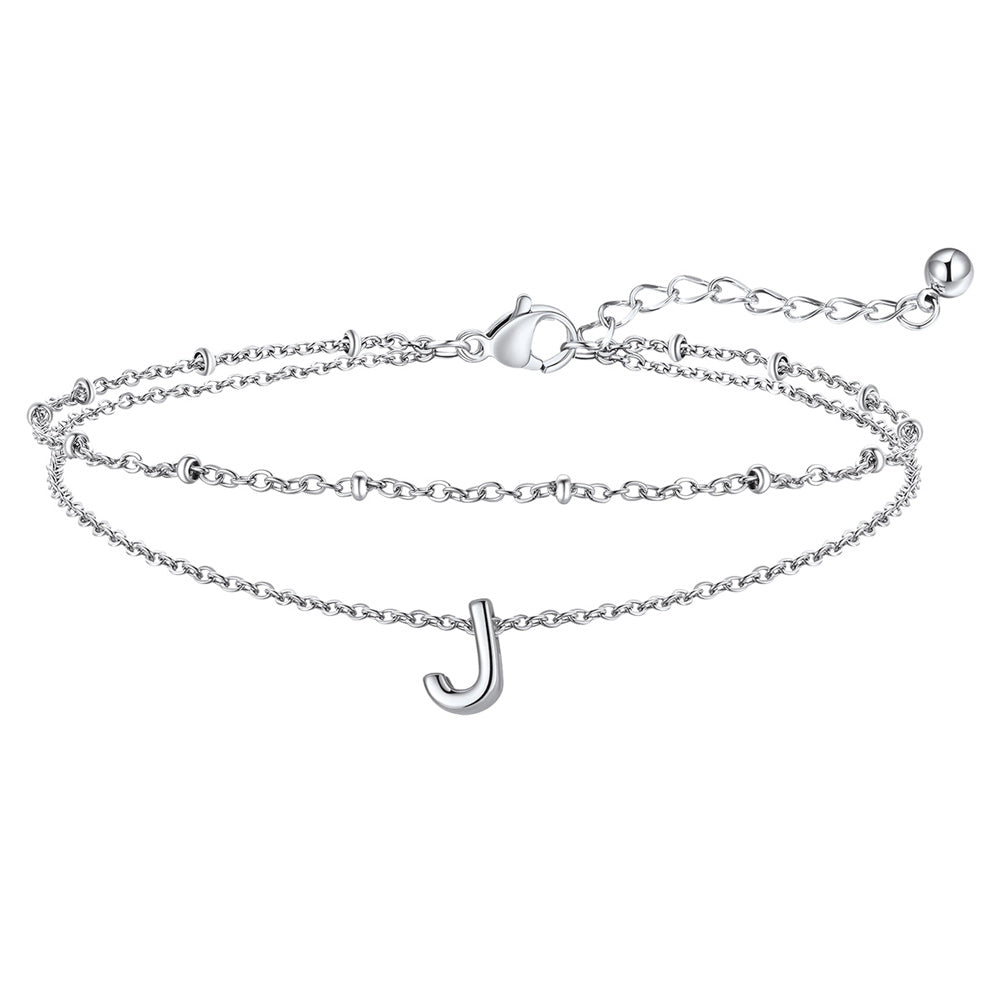 Silver Letter J Initial Anklet - Layered Summer Beach Jewelry