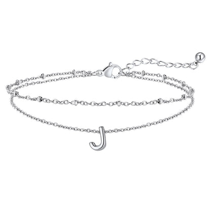Silver Letter J Initial Anklet - Layered Summer Beach Jewelry