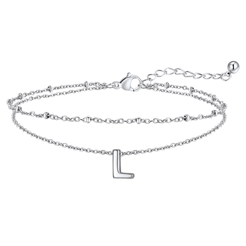 Silver Letter L Initial Anklet - Layered Summer Beach Jewelry