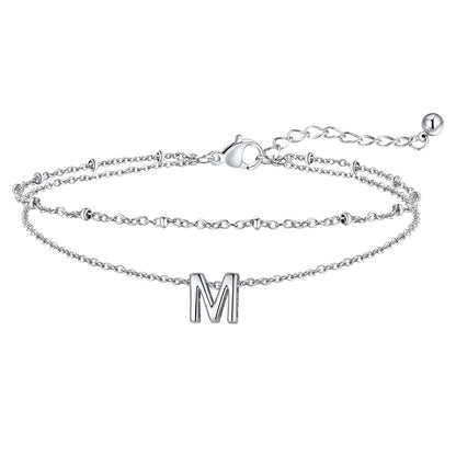 Silver Letter M Initial Anklet - Layered Summer Beach Jewelry