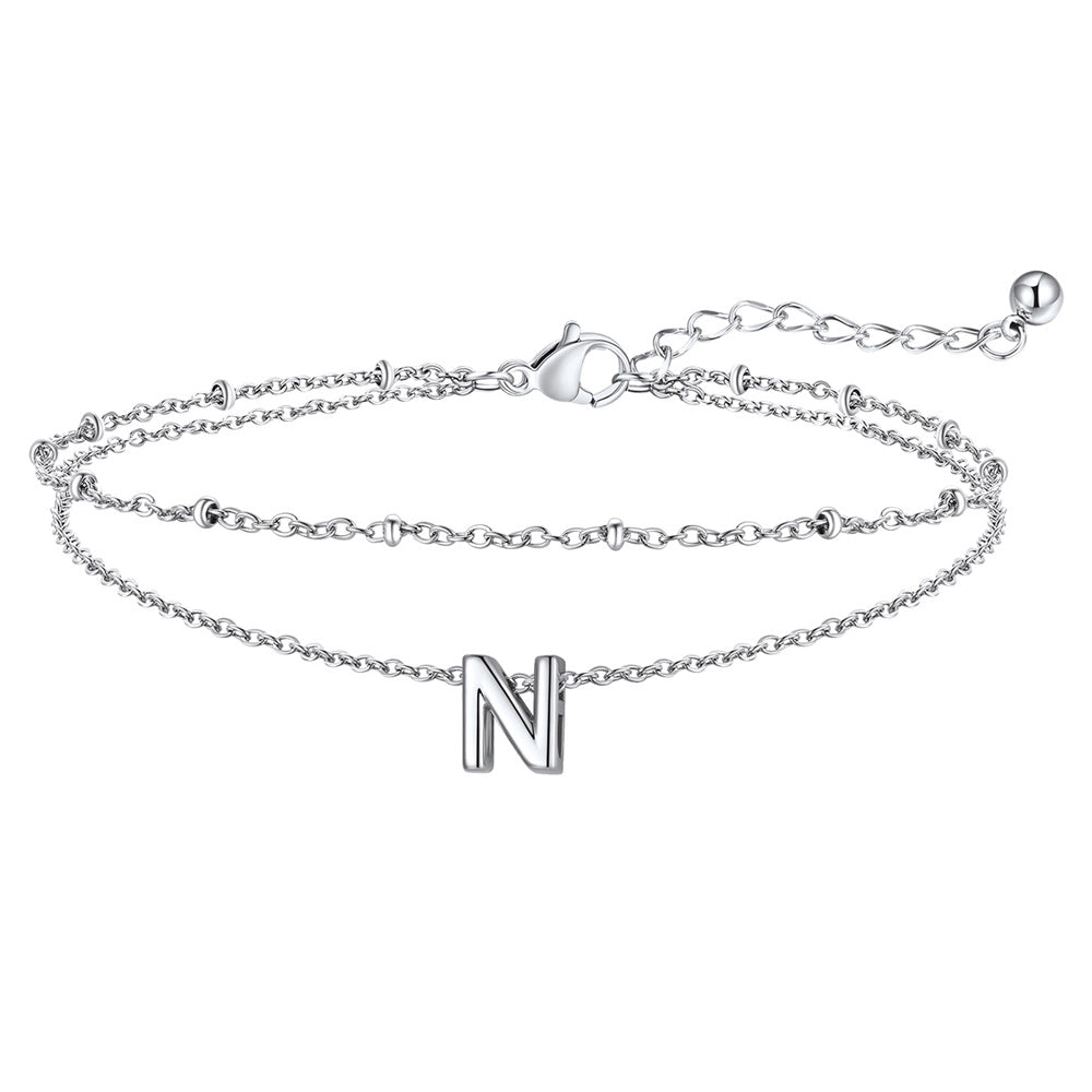Silver Letter N Initial Anklet - Layered Summer Beach Jewelry