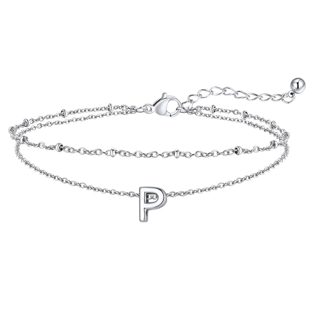 Silver Letter P Initial Anklet - Layered Summer Beach Jewelry