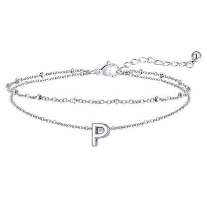 Silver Letter P Initial Anklet - Layered Summer Beach Jewelry