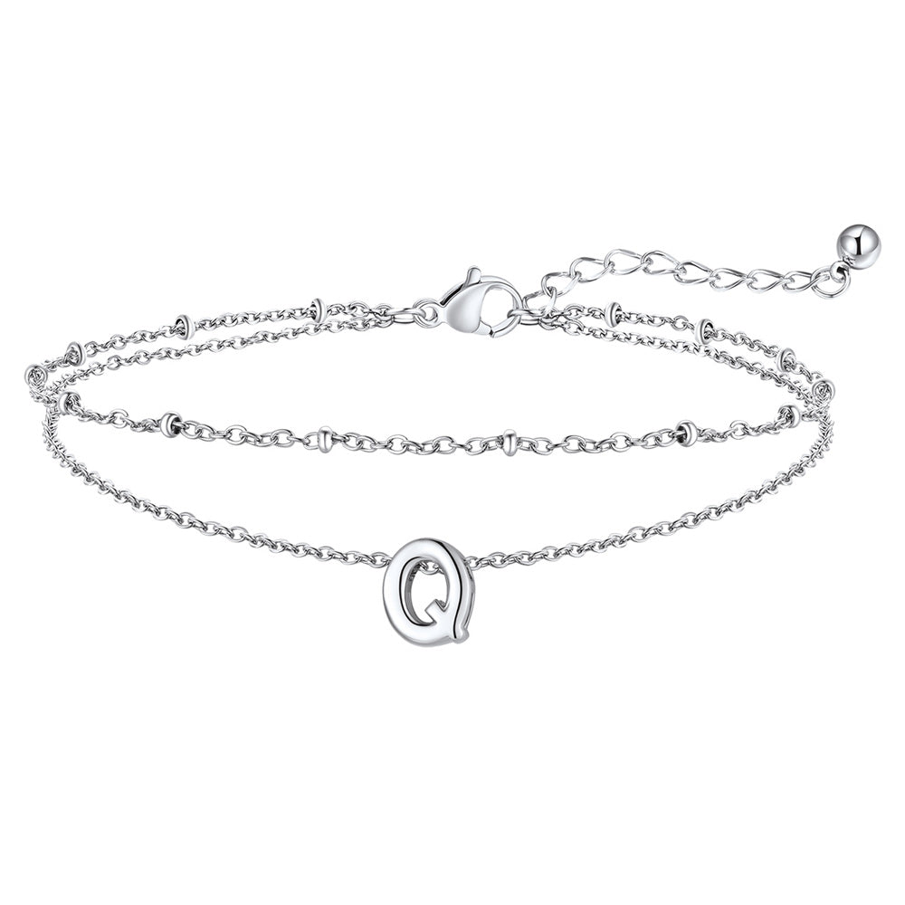 Silver Letter Q Initial Anklet - Layered Summer Beach Jewelry