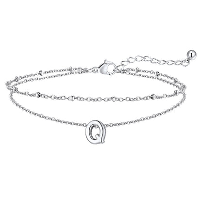 Silver Letter Q Initial Anklet - Layered Summer Beach Jewelry