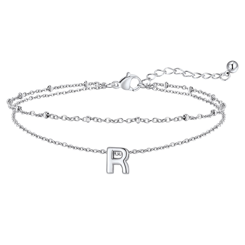 Silver Letter R Initial Anklet - Layered Summer Beach Jewelry