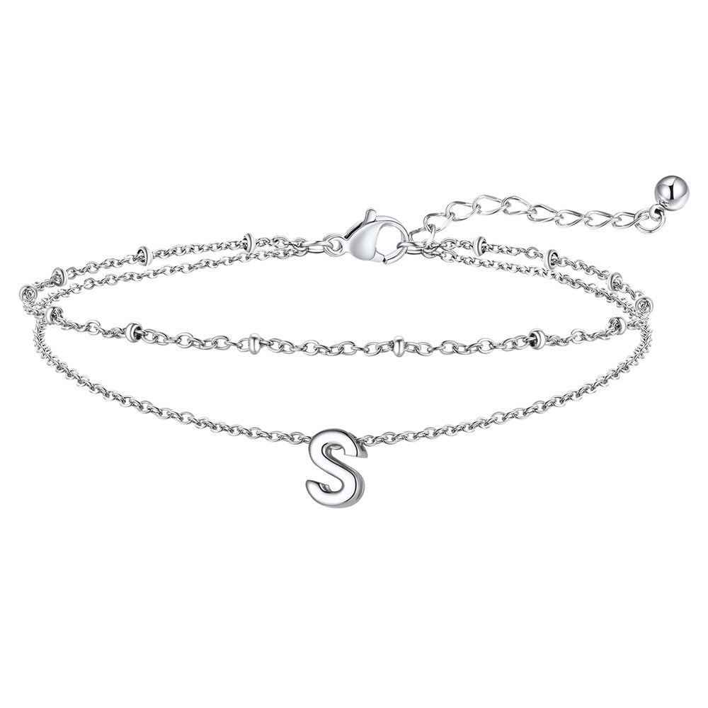 Silver Letter S Initial Anklet - Layered Summer Beach Jewelry