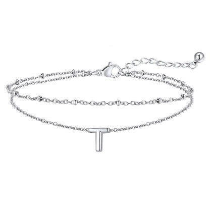 Silver Letter T Initial Anklet - Layered Summer Beach Jewelry