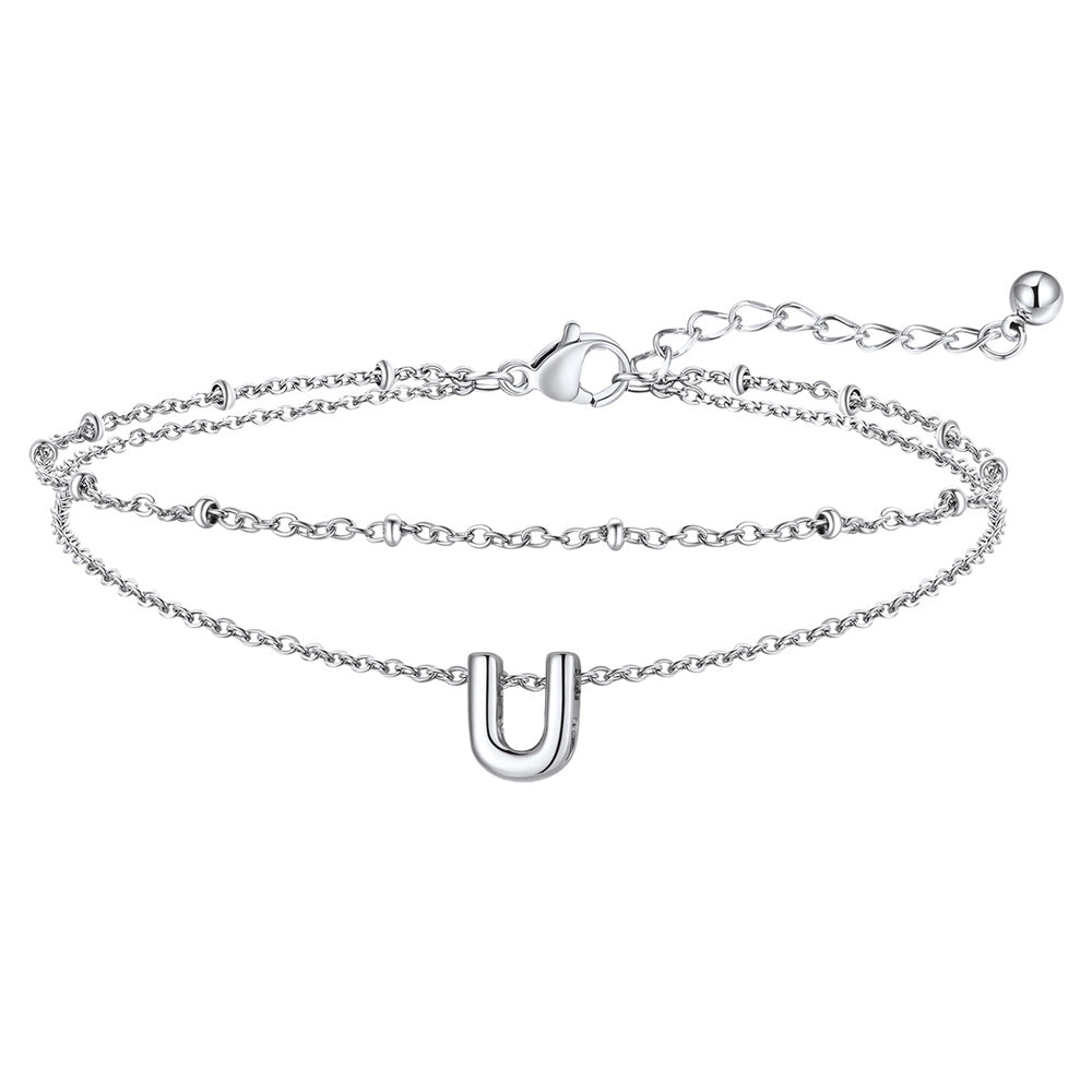 Silver Letter U Initial Anklet - Layered Summer Beach Jewelry
