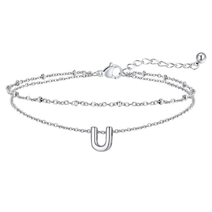Silver Letter U Initial Anklet - Layered Summer Beach Jewelry