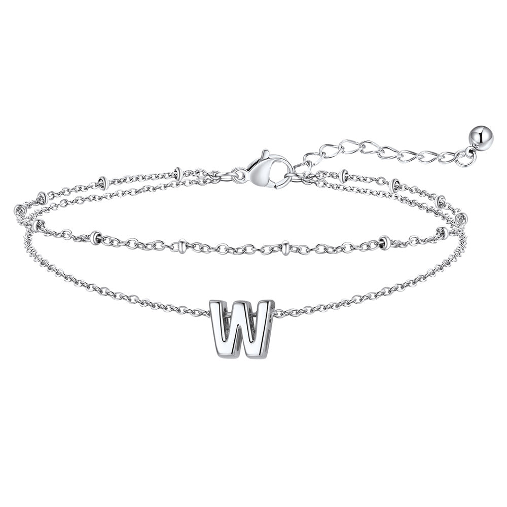 Silver Letter W Initial Anklet - Layered Summer Beach Jewelry