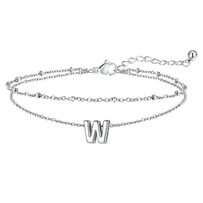 Silver Letter W Initial Anklet - Layered Summer Beach Jewelry