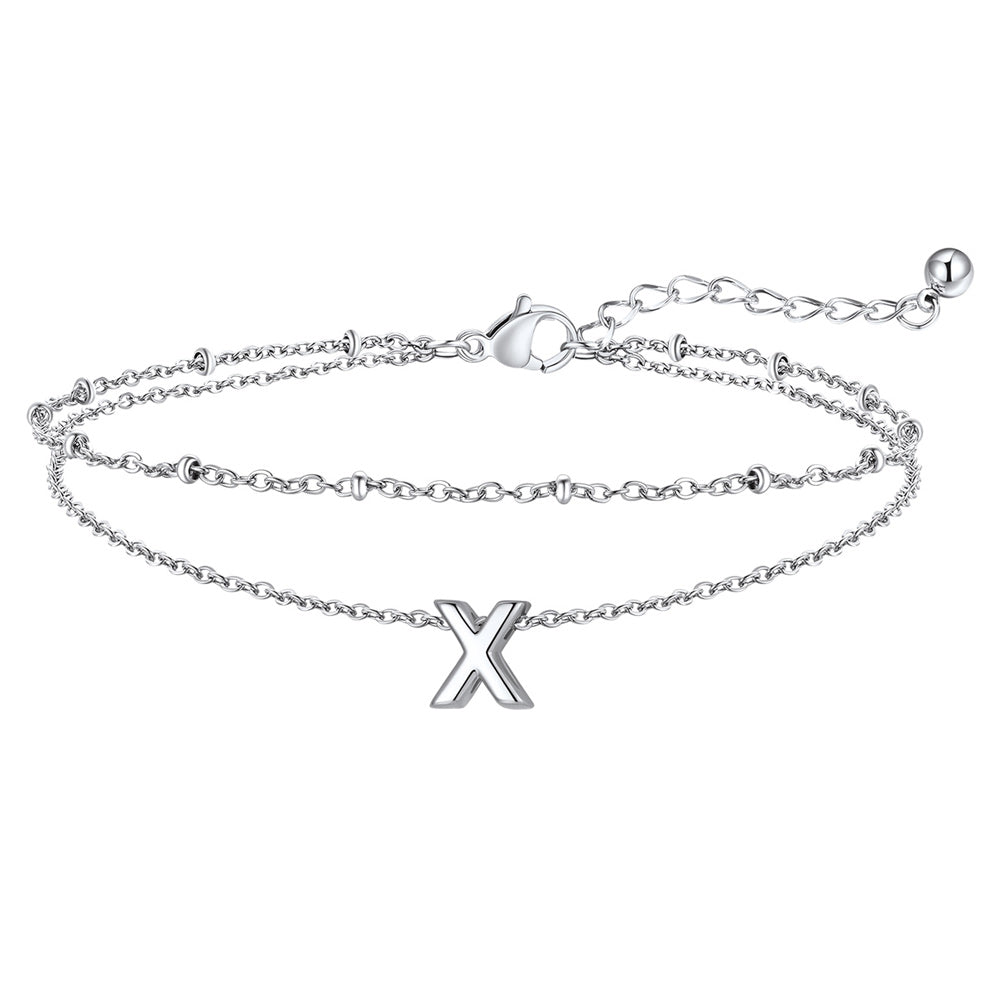 Silver Letter X Initial Anklet - Layered Summer Beach Jewelry