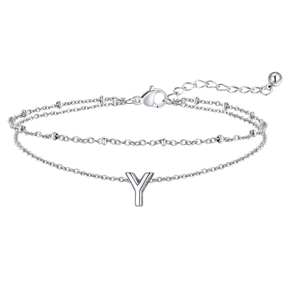 Silver Letter Y Initial Anklet - Layered Summer Beach Jewelry