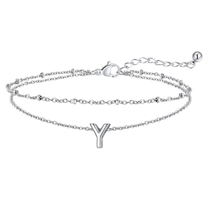 Silver Letter Y Initial Anklet - Layered Summer Beach Jewelry