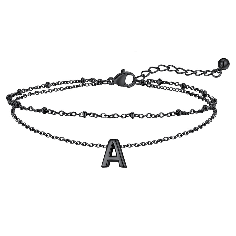 Black Letter A Initial Anklet - Layered Summer Beach Jewelry