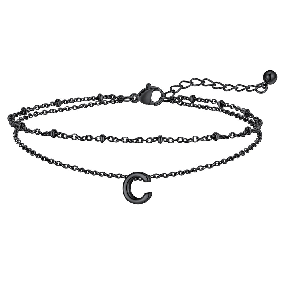 Black Letter C Initial Anklet - Layered Summer Beach Jewelry