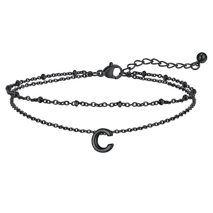 Black Letter C Initial Anklet - Layered Summer Beach Jewelry