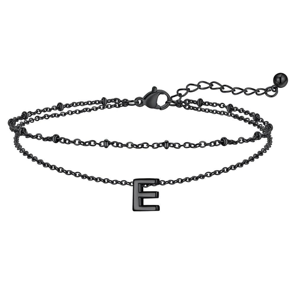 Black Letter E Initial Anklet - Layered Summer Beach Jewelry