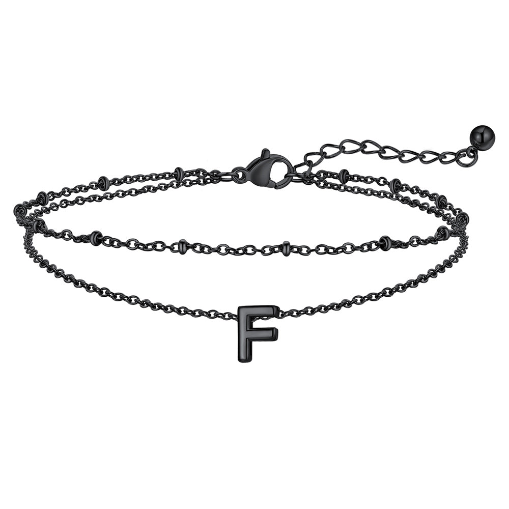 Black Letter F Initial Anklet - Layered Summer Beach Jewelry