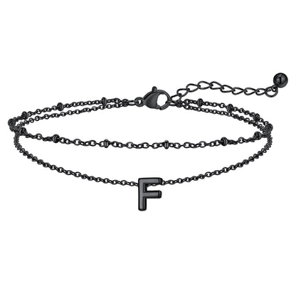 Black Letter F Initial Anklet - Layered Summer Beach Jewelry