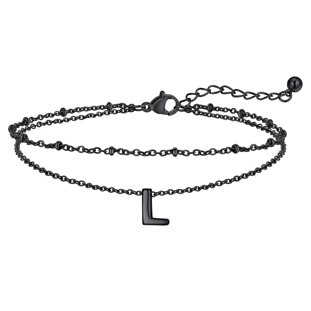 Black Letter L Initial Anklet - Layered Summer Beach Jewelry