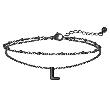 Black Letter L Initial Anklet - Layered Summer Beach Jewelry