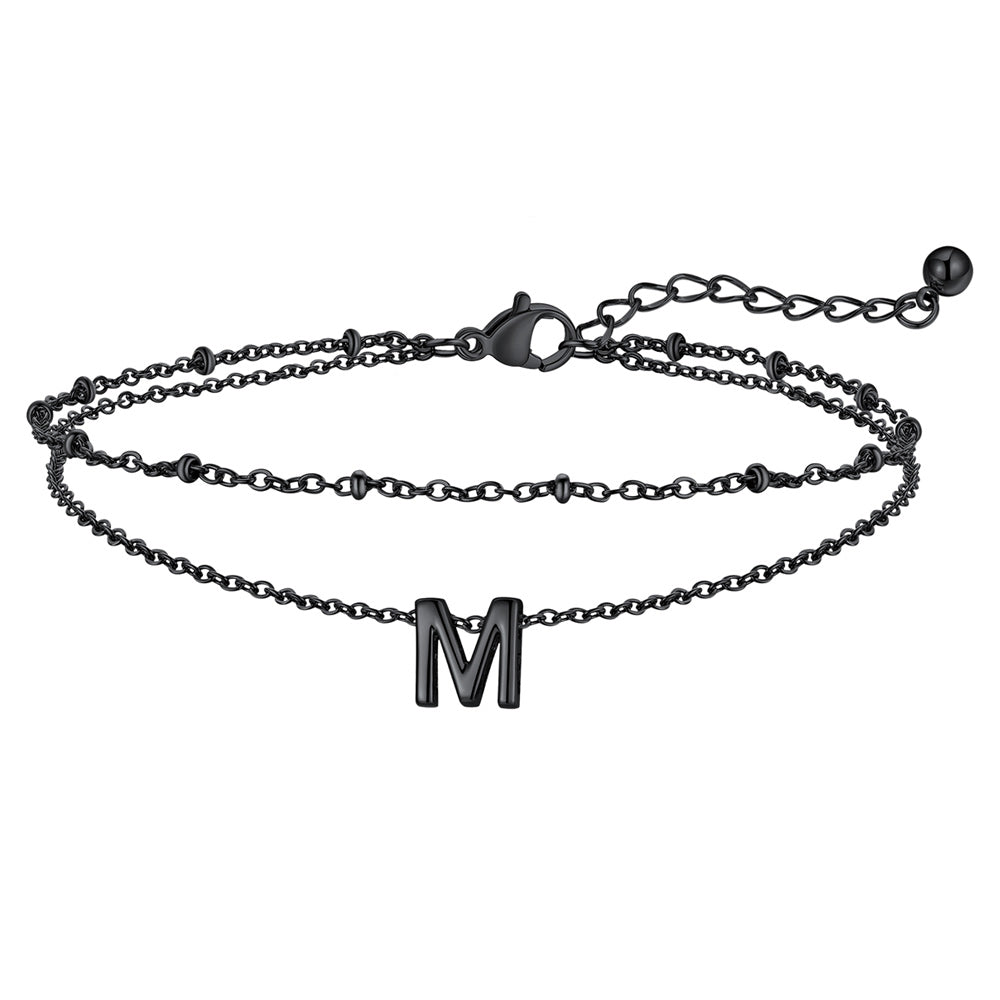 Black Letter M Initial Anklet - Layered Summer Beach Jewelry