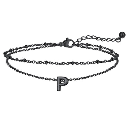 Black Letter P Initial Anklet - Layered Summer Beach Jewelry