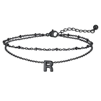 Black Initial Anklet - Layered Summer Beach Jewelry