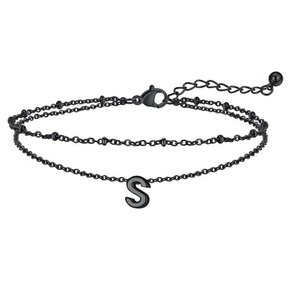 Black Initial Anklet - Layered Summer Beach Jewelry