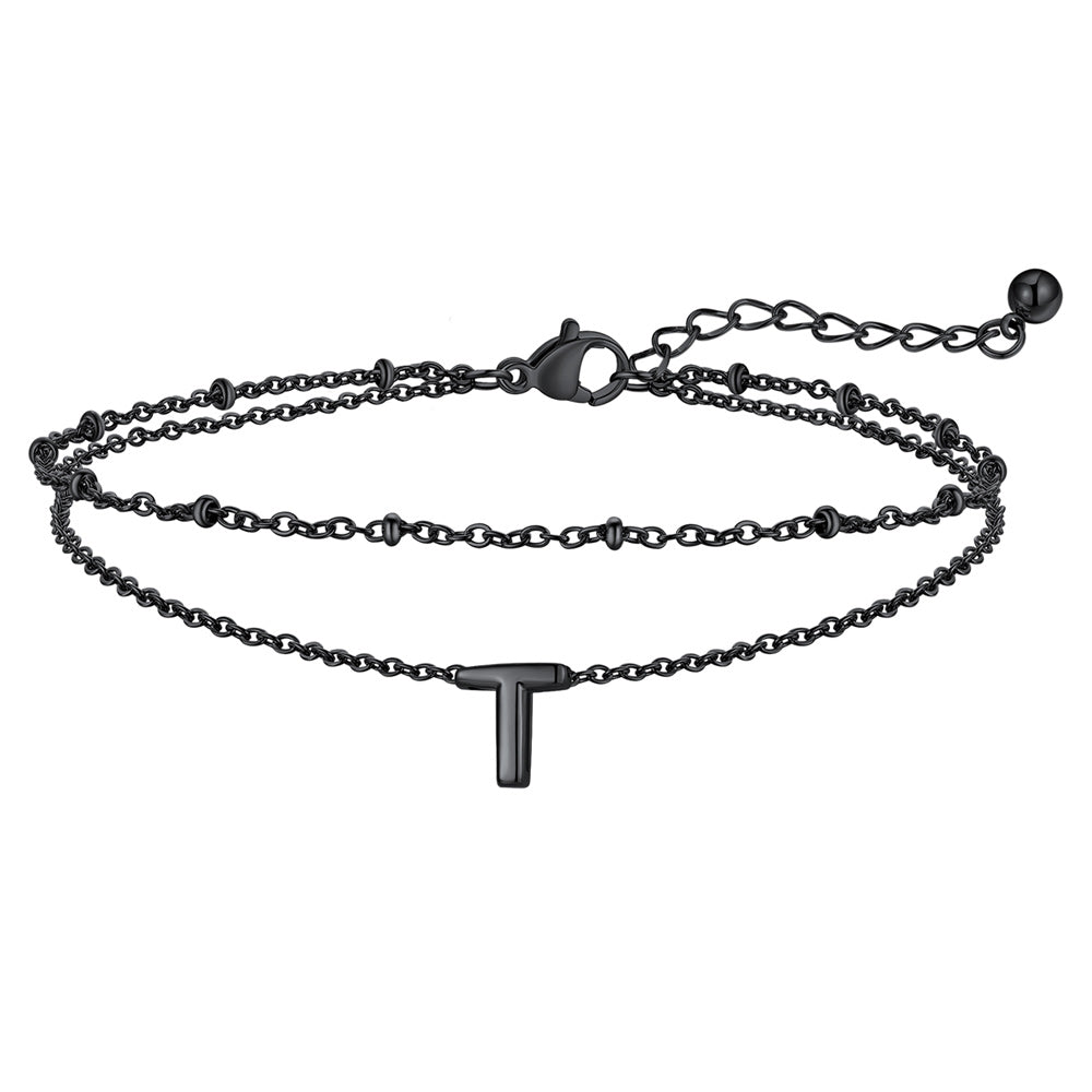 Black Initial Anklet - Layered Summer Beach Jewelry