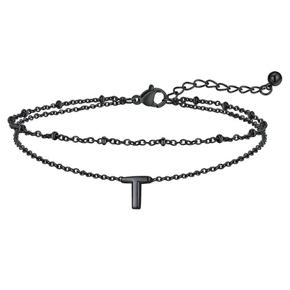 Black Initial Anklet - Layered Summer Beach Jewelry