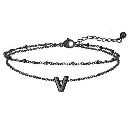 Black Initial Anklet - Layered Summer Beach Jewelry