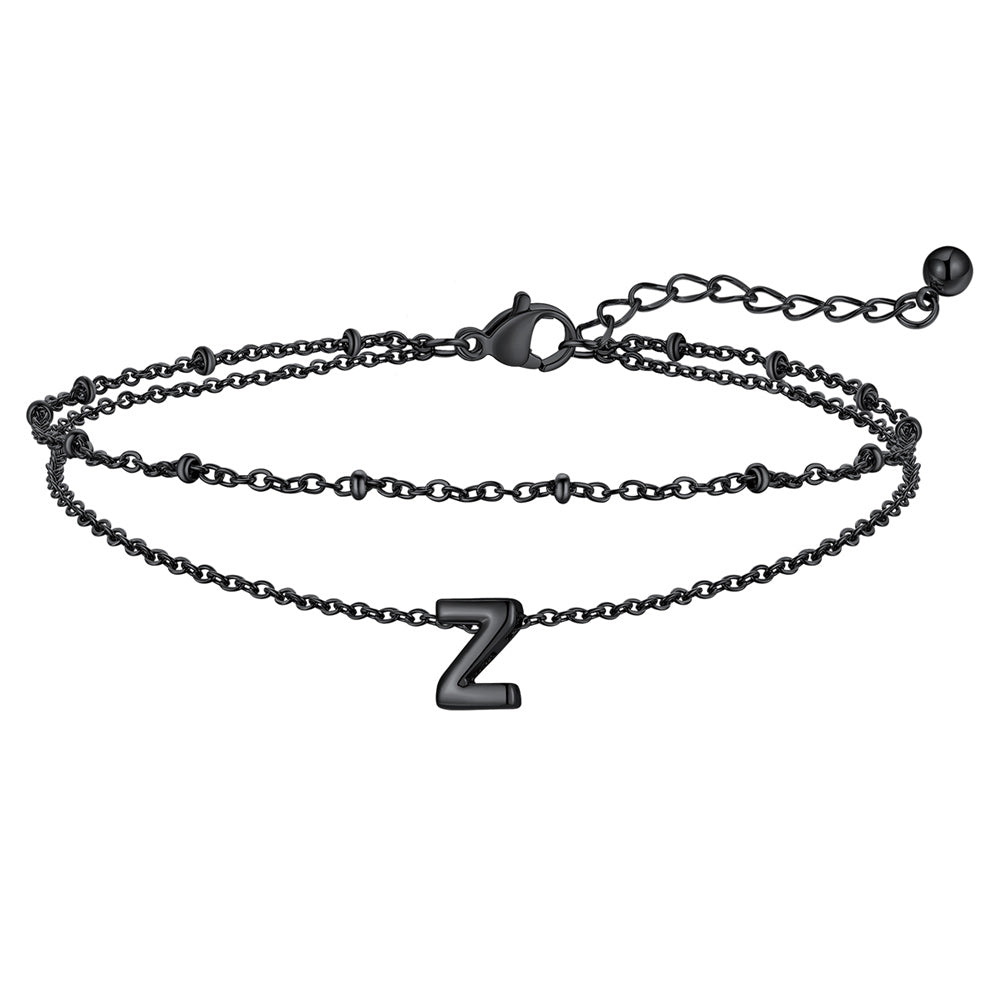 Black Letter Z Initial Anklet - Layered Summer Beach Jewelry