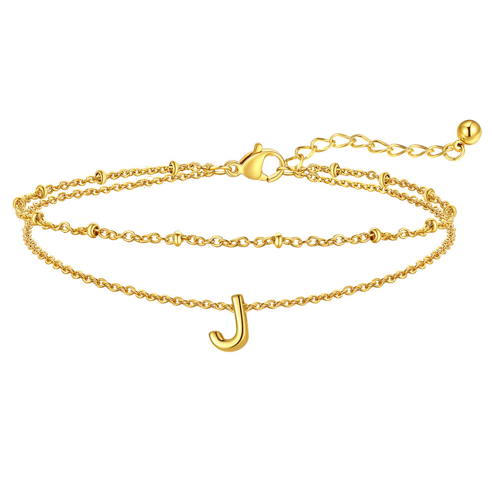 Gold Letter J Initial Anklet - Layered Summer Beach Jewelry