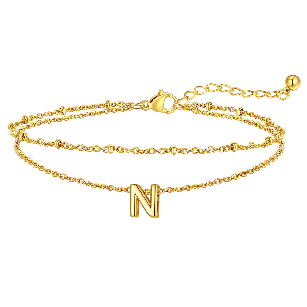 Gold Letter N Initial Anklet - Layered Summer Beach Jewelry