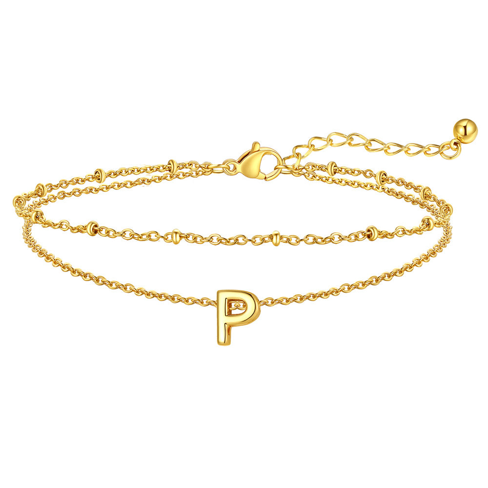 Gold Letter P Initial Anklet - Layered Summer Beach Jewelry