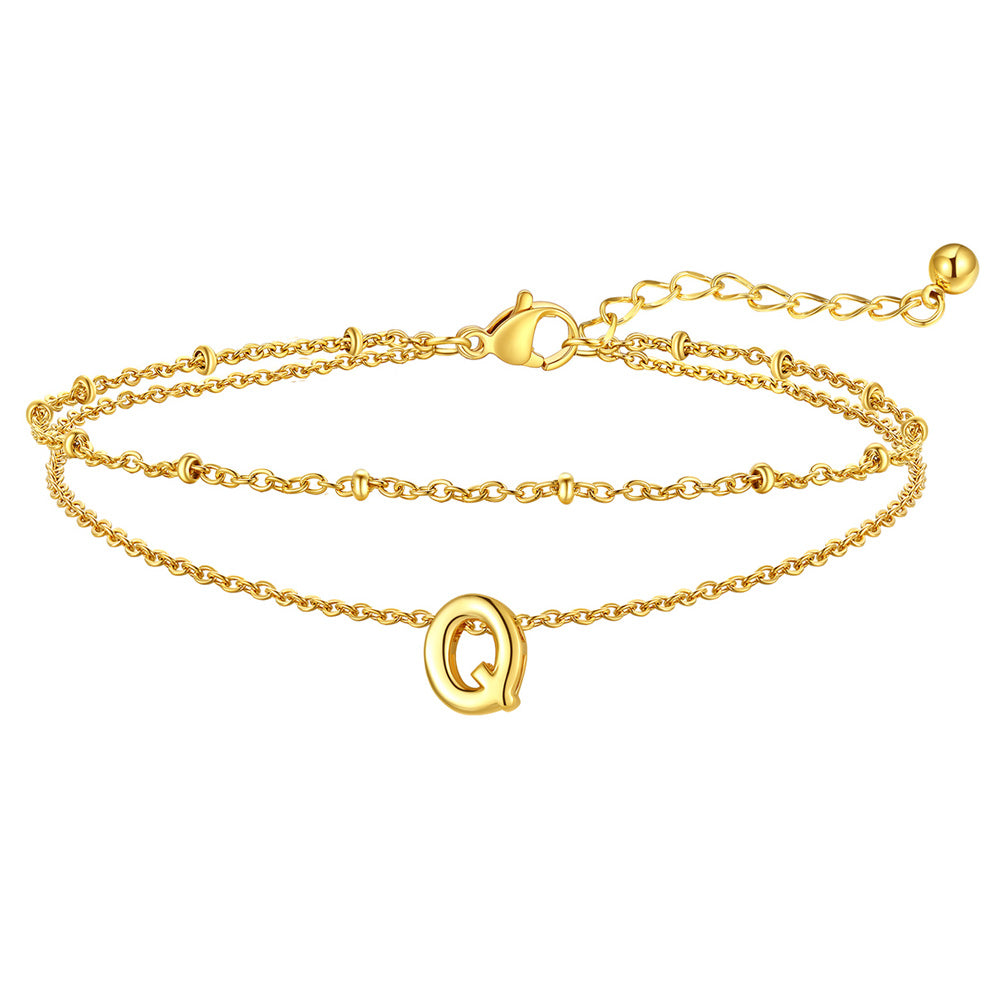 Gold Letter Q Initial Anklet - Layered Summer Beach Jewelry