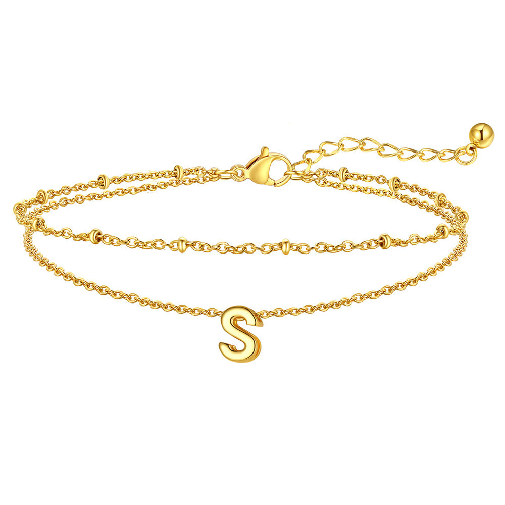 Gold Letter S Initial Anklet - Layered Summer Beach Jewelry