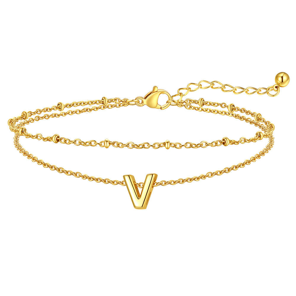 Gold Letter V Initial Anklet - Layered Summer Beach Jewelry