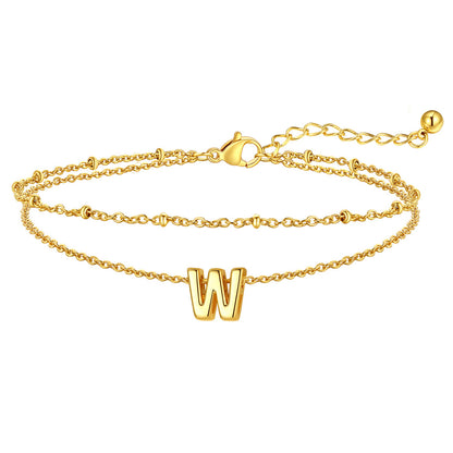 Gold Letter W Initial Anklet - Layered Summer Beach Jewelry
