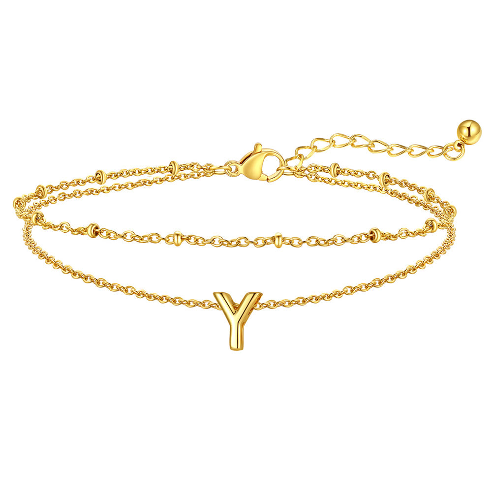 Gold Letter Y Initial Anklet - Layered Summer Beach Jewelry