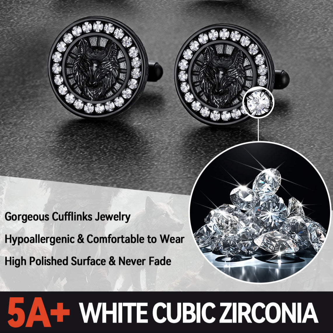 Norse Viking Wolf Cufflinks for Men with White Cubic Zirconia